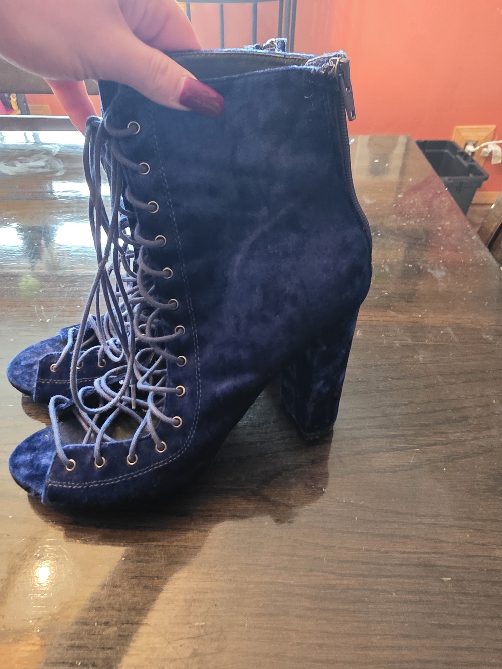 Fashion Nova Navy Blue Velvet Lace-Up Peep Toe Block Heel Booties